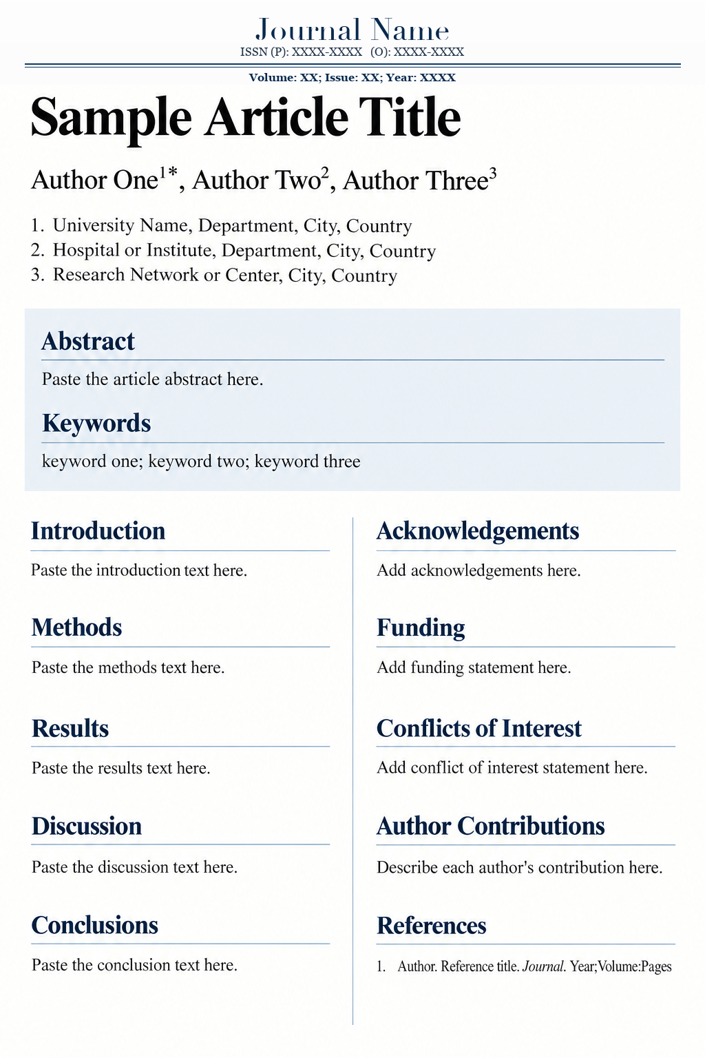 Journal manuscript template with journal name, ISSN, volume, issue, year, title, authors, affiliations, abstract, keywords, article sections, declarations, and references